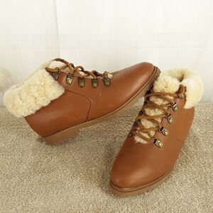 Ellemenno Sherpa Women's 7M Ankle Boots, Brown Leather, Fur, low heel, vintage